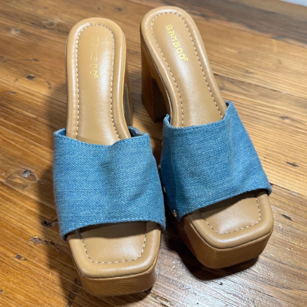 CHUNKY PLATFORM SANDAL Studded DENIM Clog Slide Size 6.5 Faux Wood Block Heel - Picture 3 of 9